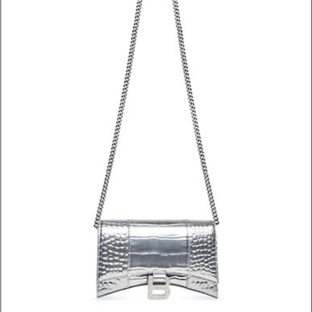 AUTHENTIC BALENCIAGA Hourglass Wallet With Chain Metallized Crocodile Embossed